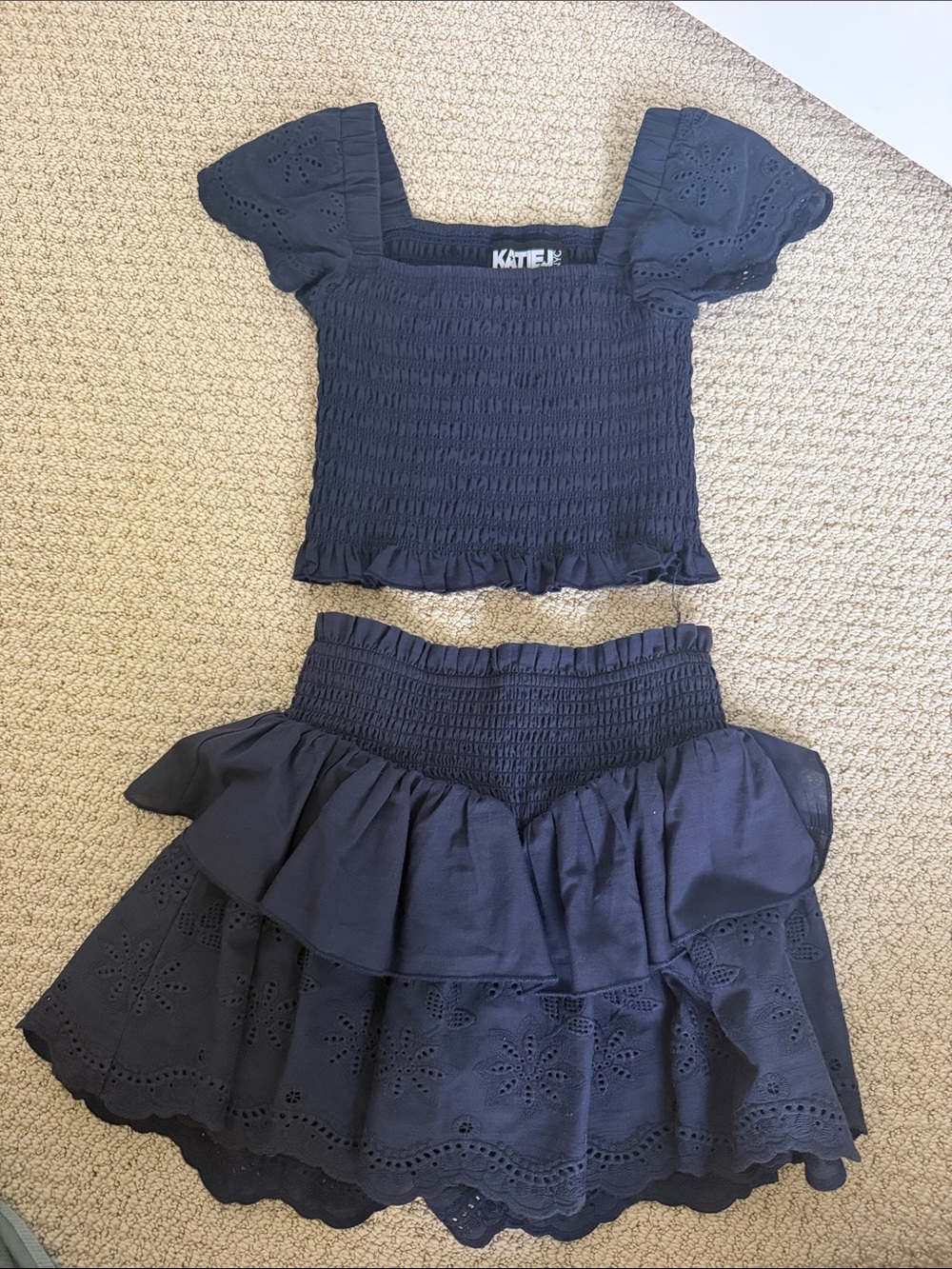 Katie J NYC Navy Smocked Top & Eyelet Tiered Skirt Set